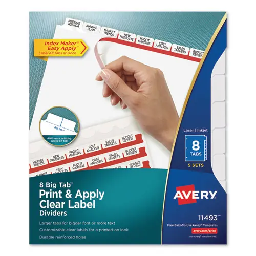 Avery® Print and Apply Index Maker Clear Label Dividers, Big Tab, 8-Tab, White, 5 Sets