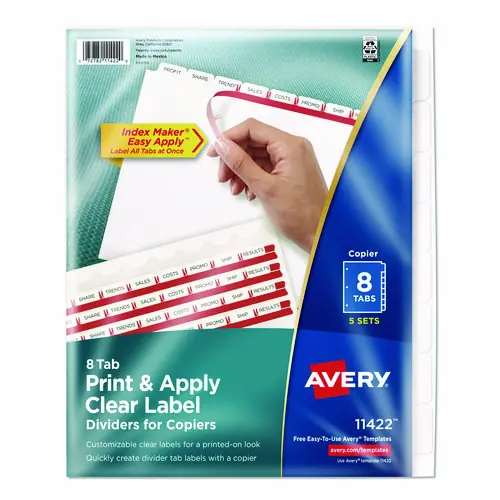 Avery® Print and Apply Index Maker Clear Label Dividers, Copiers, 8-Tab, 11 x 8.5, White, 5 Sets