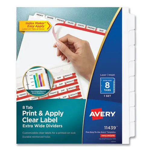 Avery® Print and Apply Index Maker Clear Label Dividers, Extra Wide Tab, 8-Tab, 11.25 x 9.25, White, 1 Set