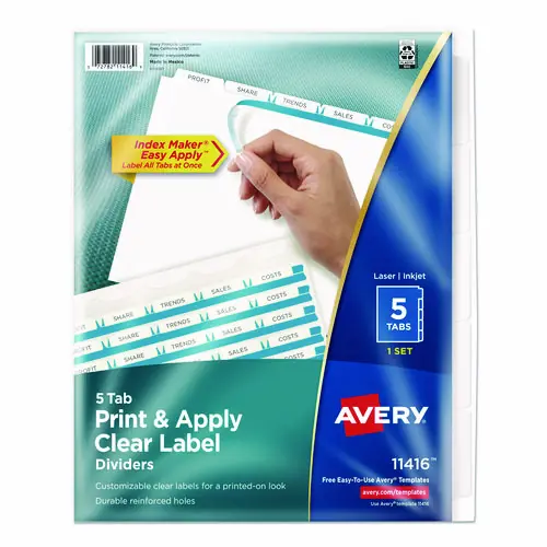 Avery® Print and Apply Index Maker Clear Label Dividers, 5-Tab, 11 x 8.5, White, 1 Set