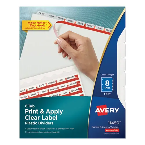 Avery® Print and Apply Index Maker Clear Label Plastic Dividers w/Printable Label Strip, 8-Tab, Frosted Clear Tabs