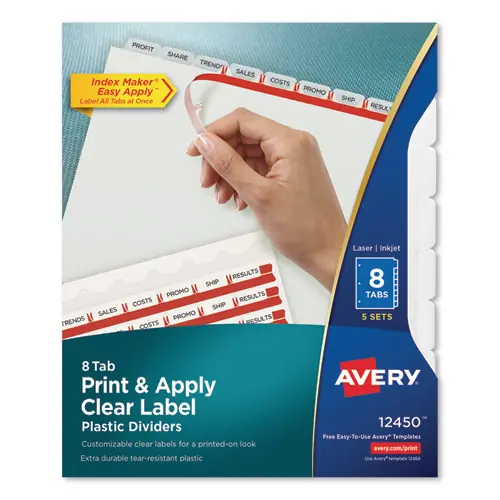 Avery® Print and Apply Index Maker Clear Label Plastic Dividers with Printable Label Strip, 8-Tab, 11 x 8.5, Frosted Clear Tabs, 5 Sets