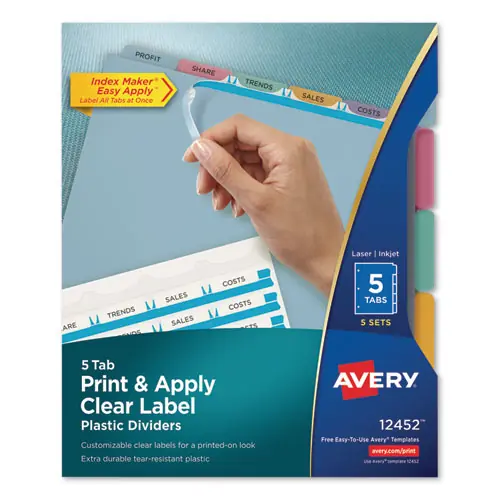 Avery® Print and Apply Index Maker Clear Label Plastic Dividers with Printable Label Strip, 5-Tab, 11 x 8.5, Assorted Tabs, 5 Sets