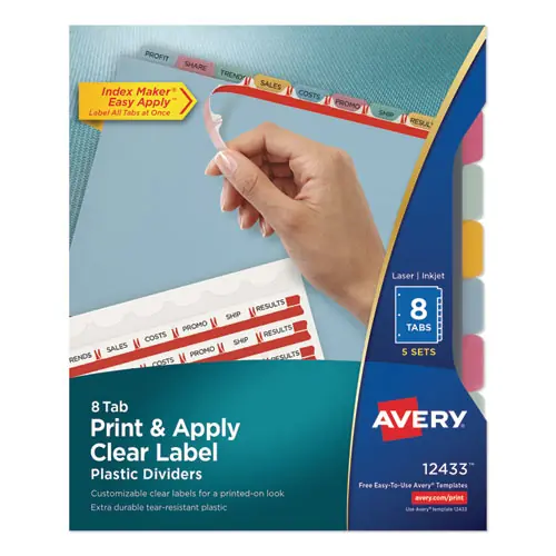Avery® Print and Apply Index Maker Clear Label Plastic Dividers, 8-Tab, Assorted, 5 Sets
