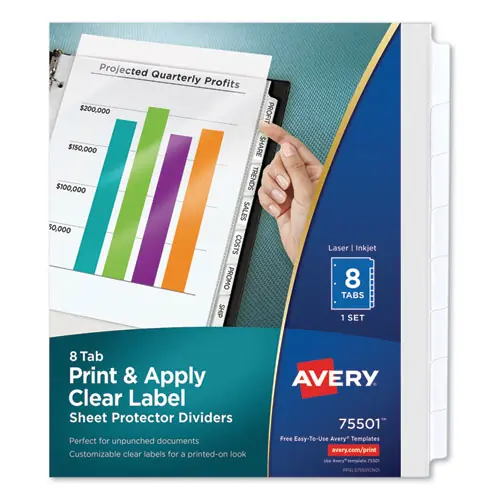 Avery® Print and Apply Index Maker Clear Label Sheet Protector Dividers with White Tabs, 8-Tab, 11 x 8.5, Clear