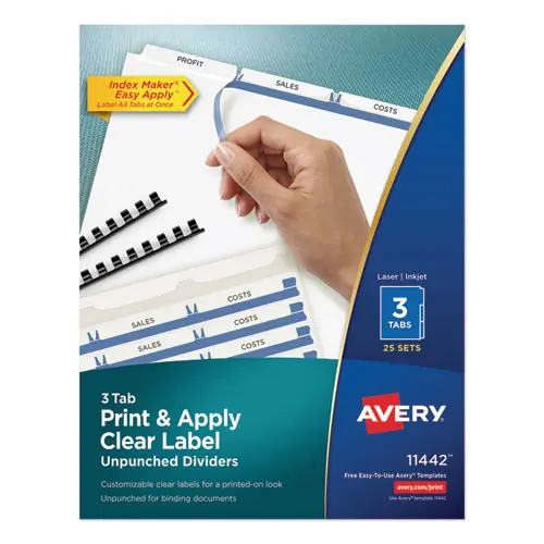 Avery® Print and Apply Index Maker Clear Label Unpunched Dividers, 3-Tab, 11 x 8.5, White, 25 Sets