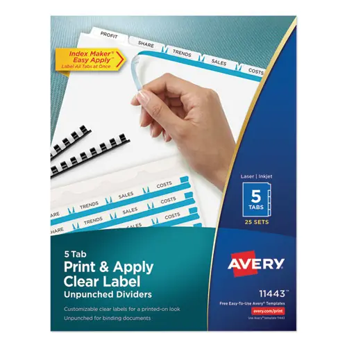 Avery® Print and Apply Index Maker Clear Label Unpunched Dividers, 5-Tab, 11 x 8.5, White, 25 Sets