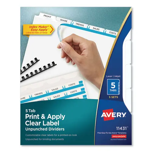 Avery® Print and Apply Index Maker Clear Label Unpunched Dividers, 5-Tab, 11 x 8.5, White, 5 Sets