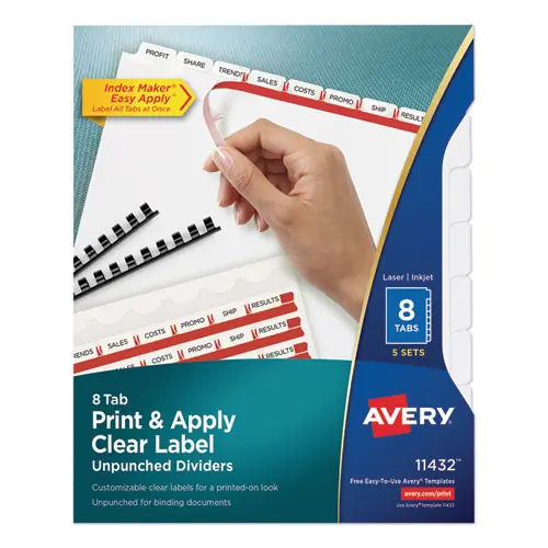 Avery® Print and Apply Index Maker Clear Label Unpunched Dividers, 8-Tab, 11 x 8.5, White, 5 Sets