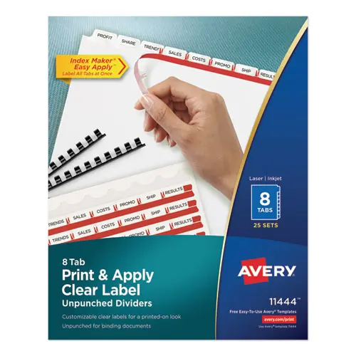Avery® Print and Apply Index Maker Clear Label Unpunched Dividers, 8-Tab, 11 x 8.5, White, White Tabs, 25 Sets
