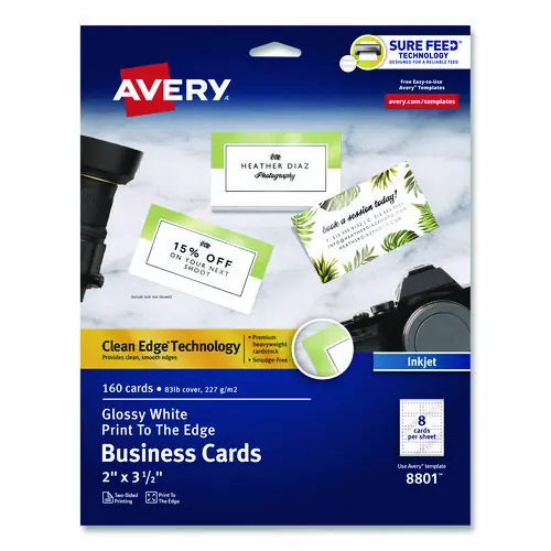 Avery® Print to the Edge Business Cards with Sure Feed Technology, White, 160 Cards, 8/Sheet, 20 Sheets/Pack