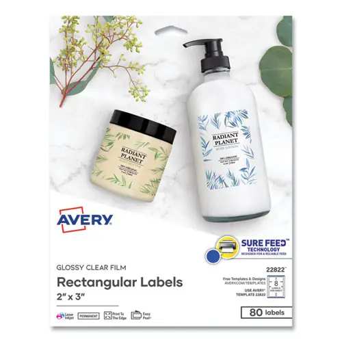Avery® Print-to-the-Edge Labels with Sure Feed and Easy Peel, Glossy Clear, 2 x 3, 80/Pack