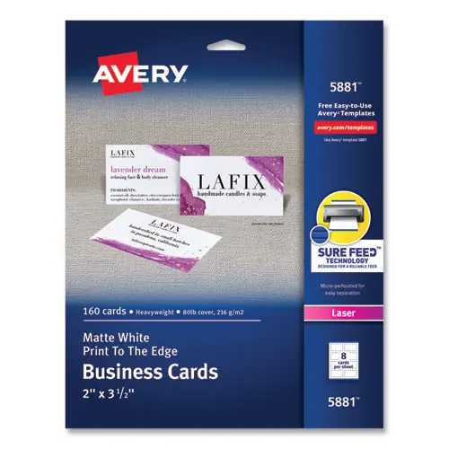 Avery® Print-to-the-Edge Microperf Business Cards w/Sure Feed Technology, Color Laser, 2x3.5, White, 160 Cards, 8/Sheet, 20 Sheets/PK