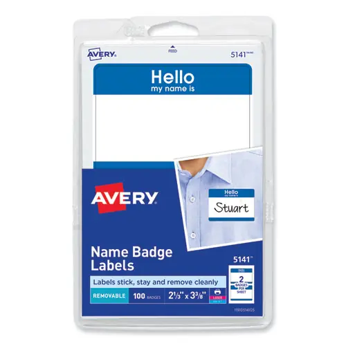 Avery® Printable Adhesive Name Badges, Blue "Hello", 100/Pack
