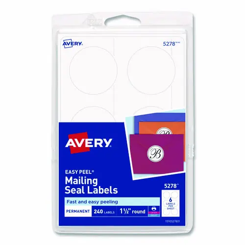 Avery® Printable Mailing Seals, 1.5" dia, White, 6/Sheet, 40 Sheets/Pack