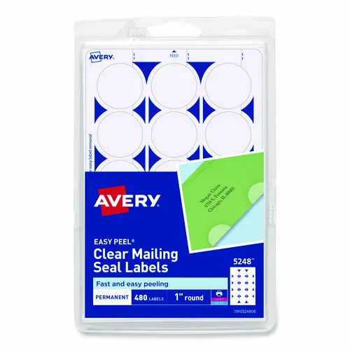 Avery® Printable Mailing Seals, Clear, 1" Diameter, 480 Labels/Pack (5248)