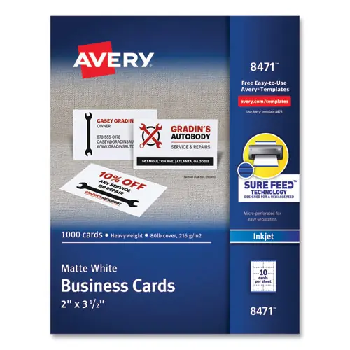 Avery® Printable Microperforated Business Cards with Sure Feed Technology, Inkjet Compatible, White, 1,000 Cards (10 Cards/Sheet, 100 Sheets)