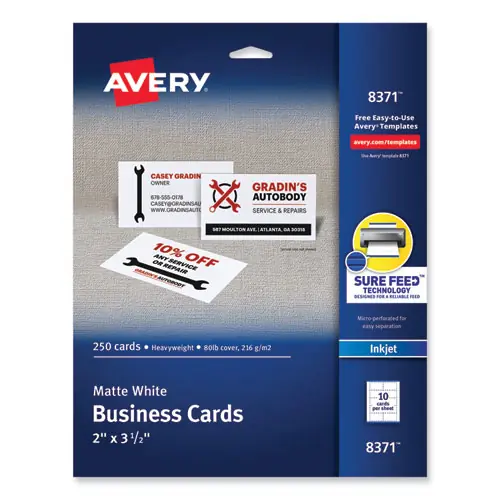 Avery® Printable Microperforated Business Cards with Sure Feed® Technology, Inkjet, White, 250 Cards