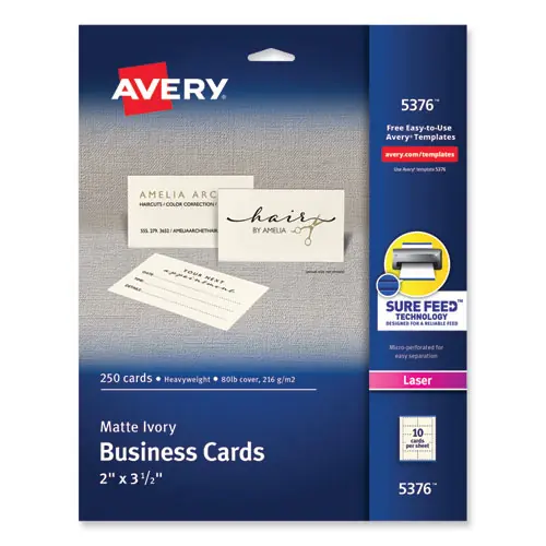Avery® Printable Microperforated Business Cards w/Sure Feed Technology, Laser, 250 Business Cards, Ivory, 2" x 3.5"