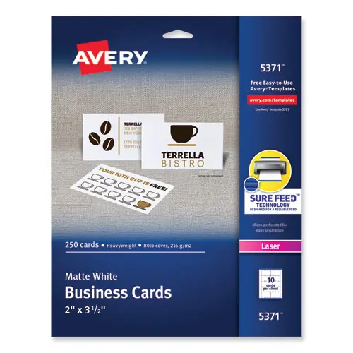 Avery® Printable Microperforated Business Cards with Sure Feed® Technology, Laser Compatible, White, 250 Cards (10 Per Sheet, 25 Sheets)