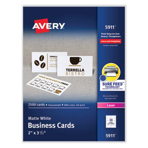 Avery® Printable Microperforated Business Cards with Sure Feed® Technology, Laser Compatible, White, 2" x 3.5", 2,500 Cards (250 Sheets, 10 Cards/Sheet)