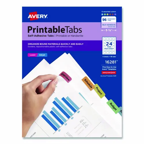 Avery® Printable Plastic Tabs with Repositionable Adhesive, 1/5-Cut, Assorted Colors, 96/Pack