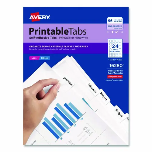Avery® Printable Plastic Tabs with Repositionable Adhesive, 1/5-Cut, White, 1.25" Wide, 96/Pack