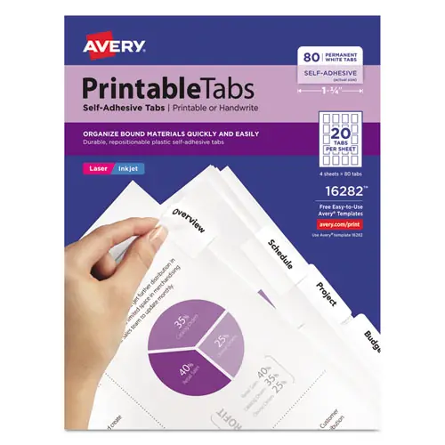 Avery® Printable Plastic Tabs with Repositionable Adhesive, 1/5-Cut, White, 80/Pack