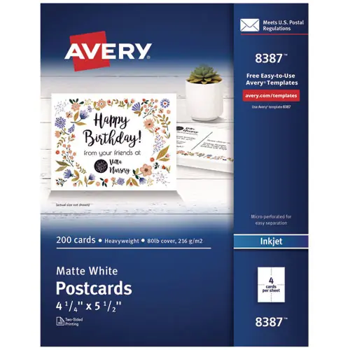 Avery® Printable Postcards, Matte White, Inkjet, 80 lb, 4.25 x 5.5, 200 Cards (4 Cards/Sheet), 50 Sheets/Box