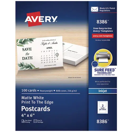 Avery® Printable Postcards, Inkjet, 80 lb, 4" x 6", Matte White, 100 Cards, 2 Cards/Sheet, 50 Sheets/Box