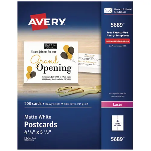 Avery® Printable Postcards, Matte White, Laser Compatible, 4.25 x 5.5, 200 Cards (4 Cards/Sheet, 50 Sheets/Box)