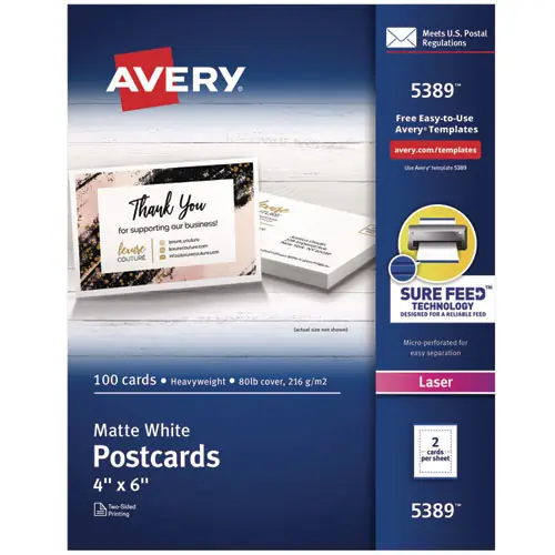 Avery® Printable Postcards, Matte White, 4 x 6, 80 lb, Laser, 100 Cards, 2 Per Sheet, 50 Sheets/Box