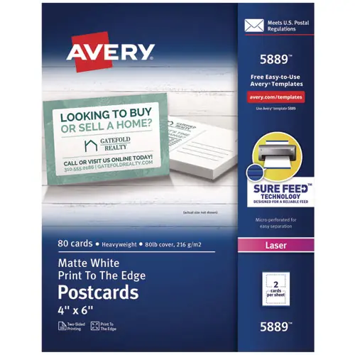 Avery® Printable Postcards, Matte White, 80 lb, 4" x 6", 2 Cards/Sheet, 40 Sheets/Box, Laser Compatible