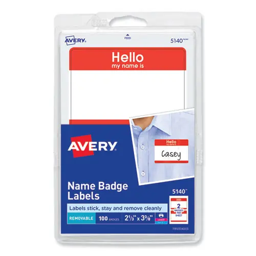 Avery® Printable Self-Adhesive Name Badges, Red "Hello", 100/Pack