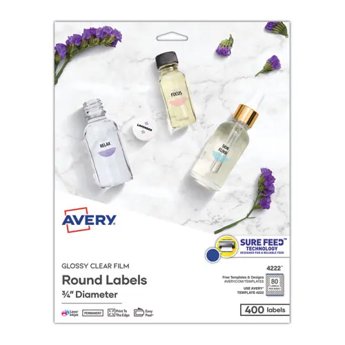 Avery® Printable Self-Adhesive Permanent ID Labels with Sure Feed Technology, Clear, 0.75" Diameter, 400 Labels per Pack
