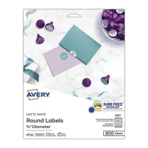Avery® Printable Self-Adhesive Permanent ID Labels w/Sure Feed, 0.75" dia, White, 800 Labels per Pack