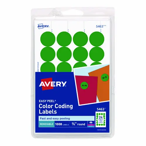 Avery® Printable Self-Adhesive Removable Color-Coding Labels, 0.75" dia, Green, 24/Sheet, 42 Sheets/Pack, (5463)