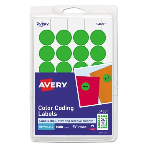 Avery® Printable Self-Adhesive Removable Color-Coding Labels, 0.75" dia, Neon Green, 24/Sheet, 42 Sheets/Pack, (5468)