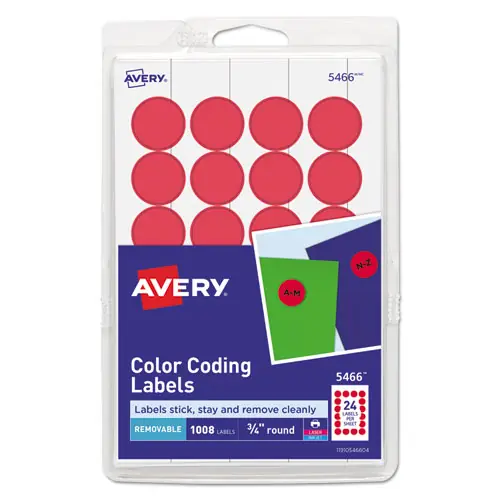 Avery® Printable Self-Adhesive Removable Color-Coding Labels, Red, 0.75" Diameter, 24 Labels/Sheet, 42 Sheets/Pack (5466)
