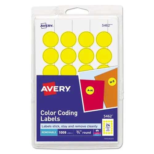 Avery® Printable Self-Adhesive Removable Color-Coding Labels, Yellow, 0.75" Diameter, 24 Labels/Sheet, 42 Sheets/Pack (5462)