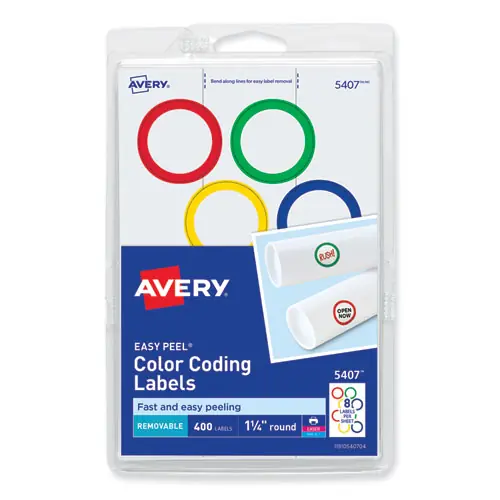 Avery® Printable Self-Adhesive Removable Color-Coding Labels, Assorted Colors, 1.25" Diameter, 400 Labels/Box