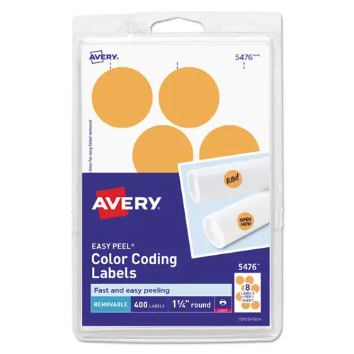 Avery® Printable Self-Adhesive Removable Color-Coding Labels, Neon Orange, 1.25" Diameter, 8 Labels per Sheet, 50 Sheets per Pack (5476)