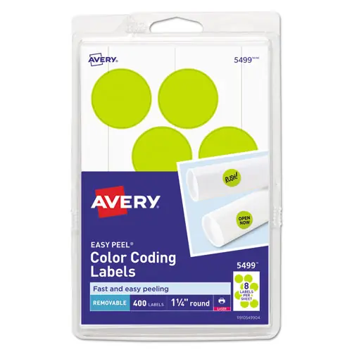 Avery® Printable Self-Adhesive Removable Color-Coding Labels, Neon Yellow, 1.25" Diameter, 400 Labels (5499)