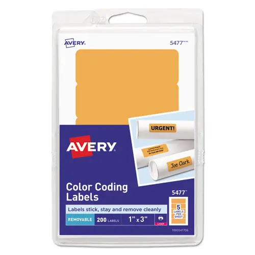 Avery® Printable Self-Adhesive Removable Color-Coding Labels, Neon Orange, 1 x 3, 200 Labels, (5477)