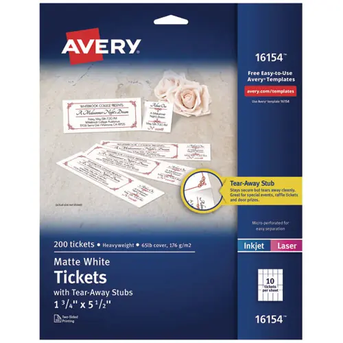 Avery® Printable Tickets w/Tear-Away Stubs, White, 8.5 x 11, 10 Tickets/Sheet, 20 Sheets/Pack