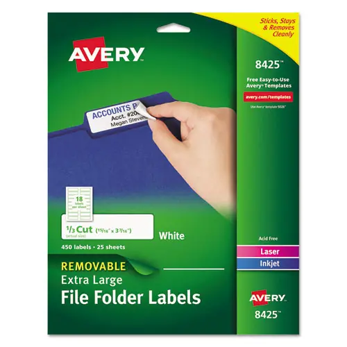 Avery® Removable File Folder Labels with Sure Feed Technology, White, 0.94 x 3.44, 18 Labels/Sheet, 25 Sheets/Pack