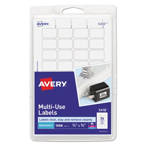 Avery® Removable Multi-Use Labels, 0.5 x 0.75 in, White, 36 Labels/Sheet, 28 Sheets/Pack (5418)