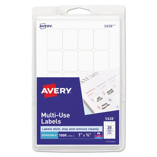 Avery® Removable Multi-Use Labels, Inkjet/Laser Printers, White, 1 x 0.75 in, 20 Labels/Sheet, 50 Sheets/Pack, 1000 Labels Total (5428)