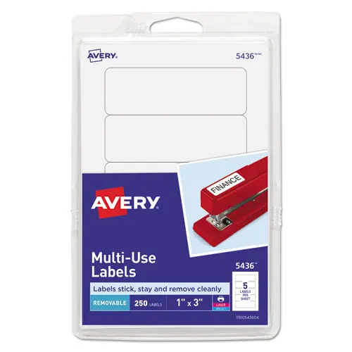 Avery® Removable Multi-Use Labels, Inkjet/Laser Printers, 1 x 3, White, 250 Labels (5436)