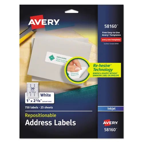 Avery® Repositionable Address Labels w/SureFeed, Inkjet/Laser, 1 x 2.63, White, 750/BX